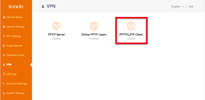 Tenda AC6, раздел VPN: плитки PPTP Server, Online PPTP Users и PPTP/L2TP Client