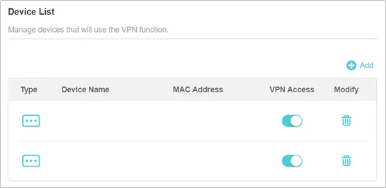 TP-Link Device List with VPN Access switches